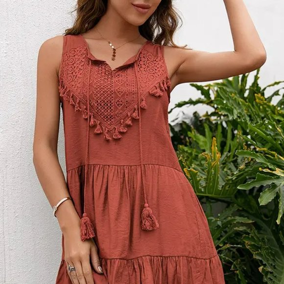 Rust Tassel Crochet Boho Mini Dress – Sleeveless Festival Sundress - Picture 4 of 5